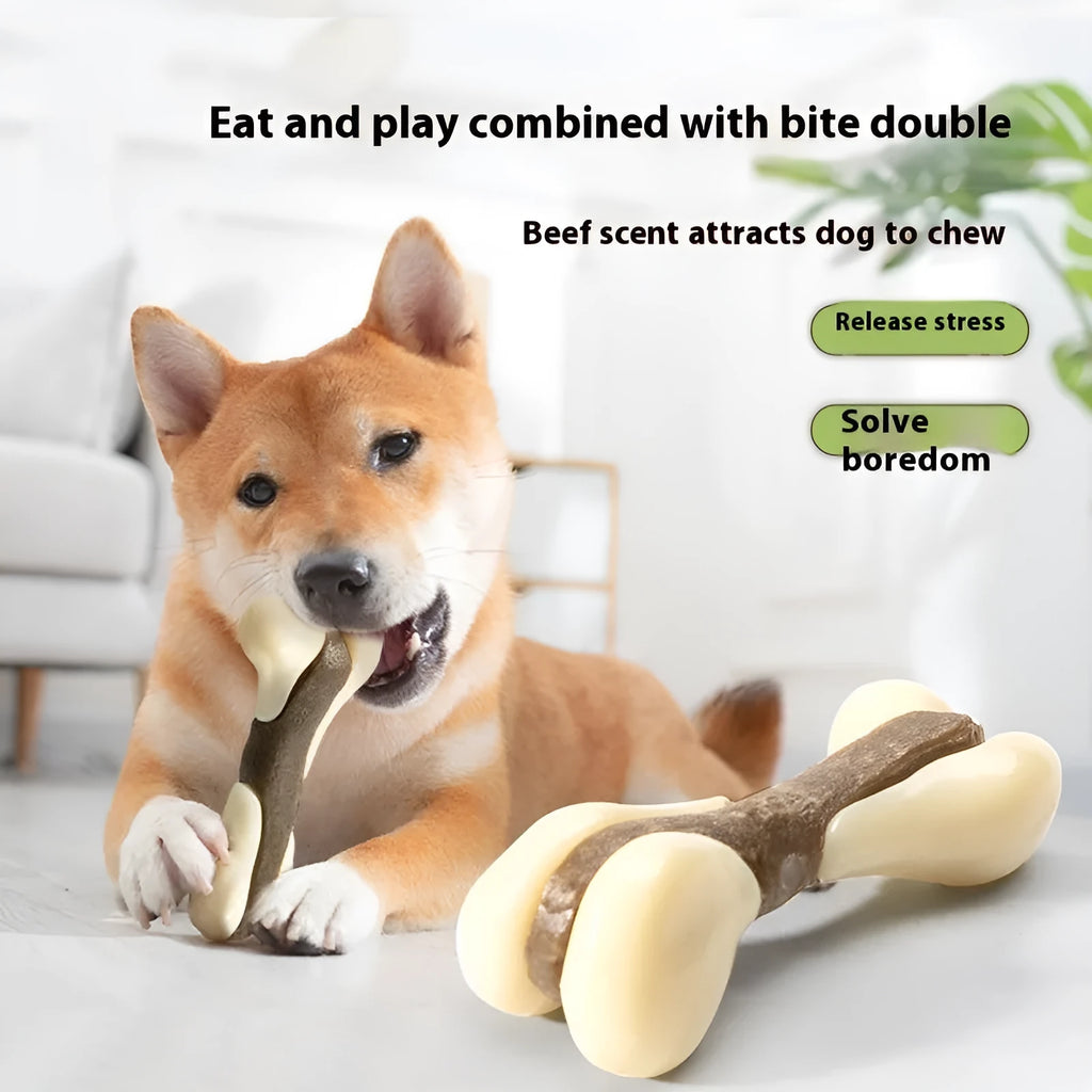 Cowhide and nylon bone grinding rod dog chewing toy shown in small and large size options