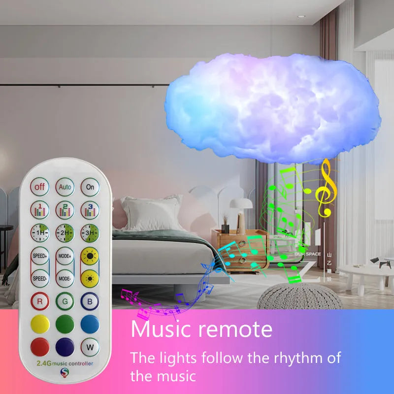 White fabric cloud shaped pendant light with multi-colour LED glow, hanging from a ceiling with a USB cable.
