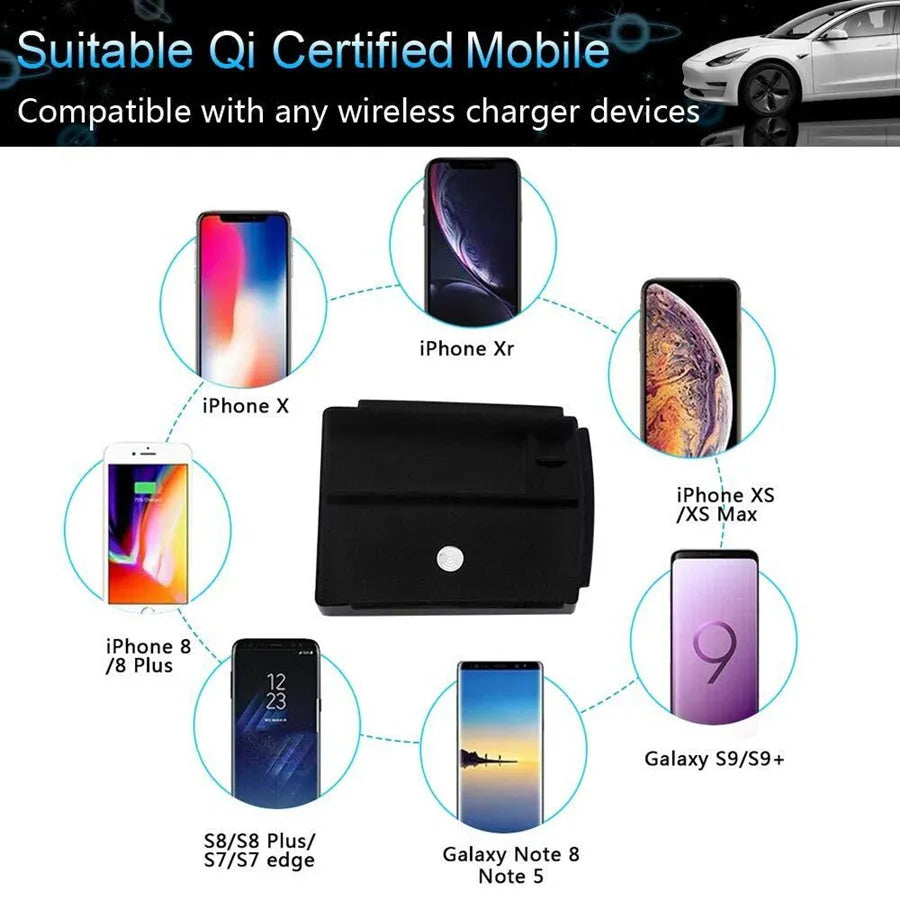 Black wireless charging storage box with QI compatibility and fast charging support measuring 15cm