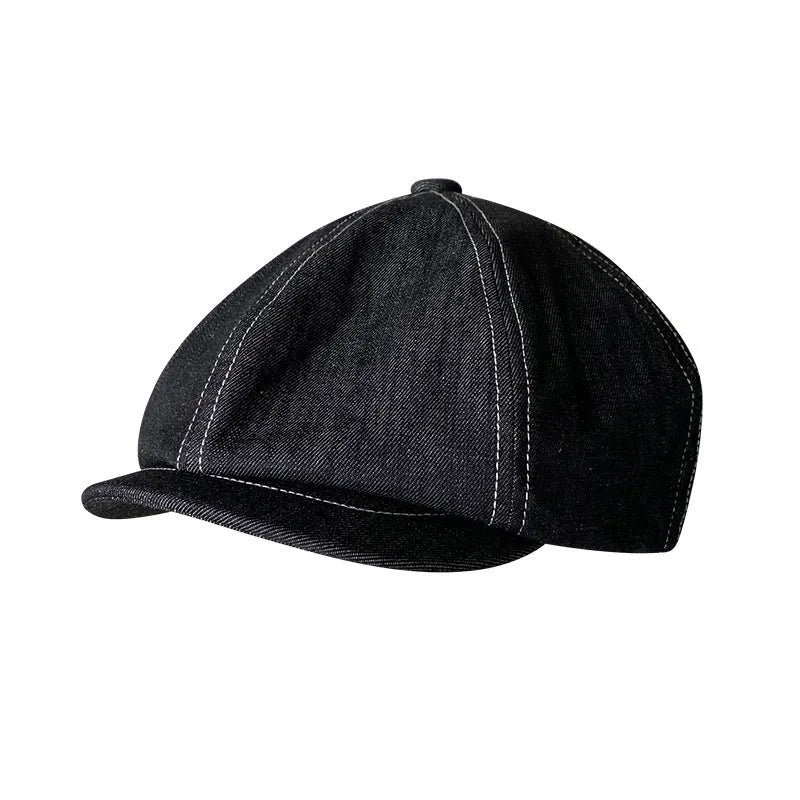 Black cotton beret with Japanese denim fabric in octagonal retro design for men and women