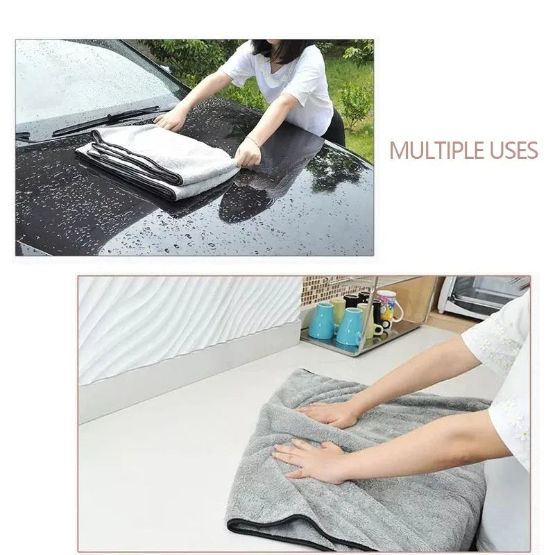 Microfiber car wash towel shown in three size options: 75x35cm, 60x40cm, and 100x40cm.