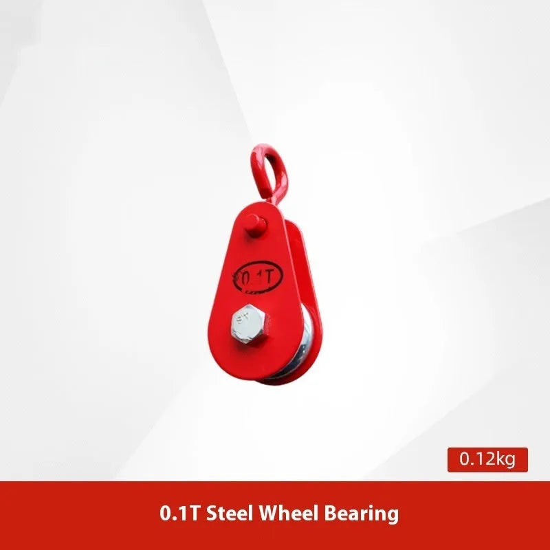 Red or galvanised lifting pulley with safety latch and forged steel hook for industrial use.