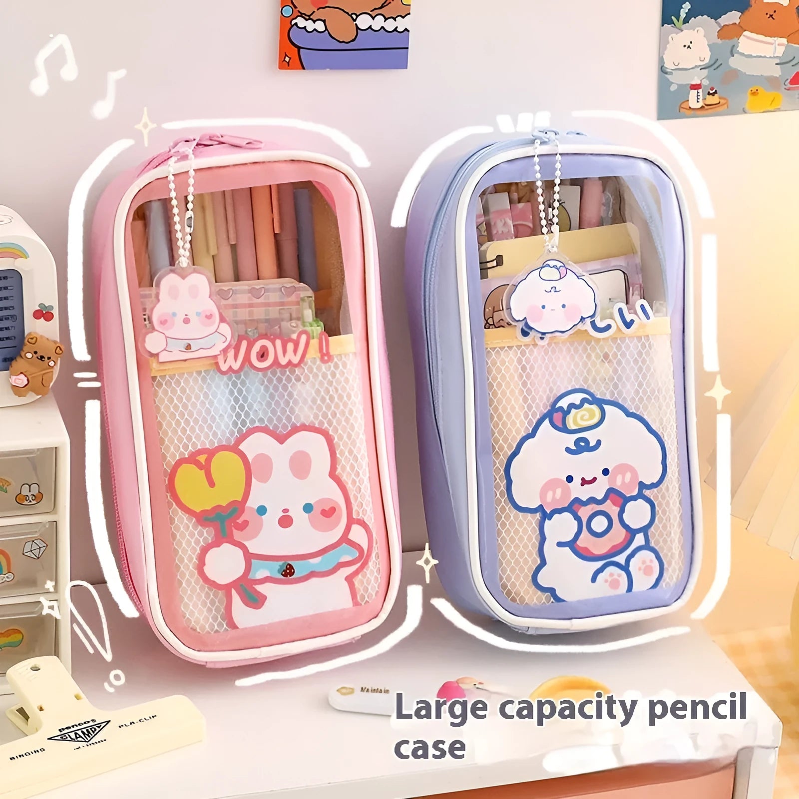 Transparent PVC pencil case with cartoon design showing pens and pencils inside