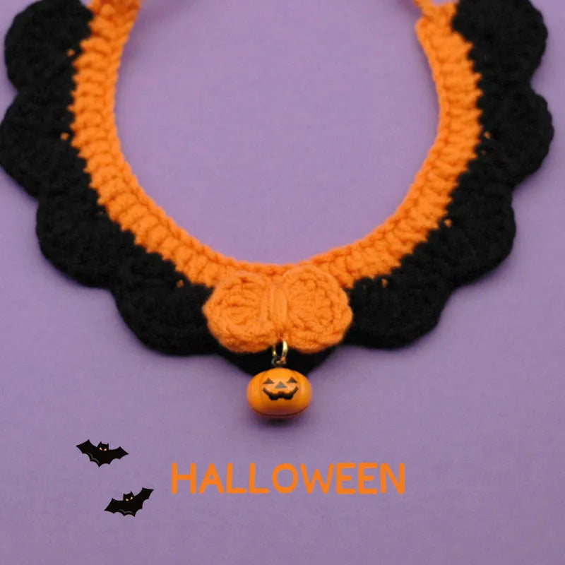 Hand-crocheted wool Halloween pet collar for cats and dogs in pumpkin colours with adjustable sizing