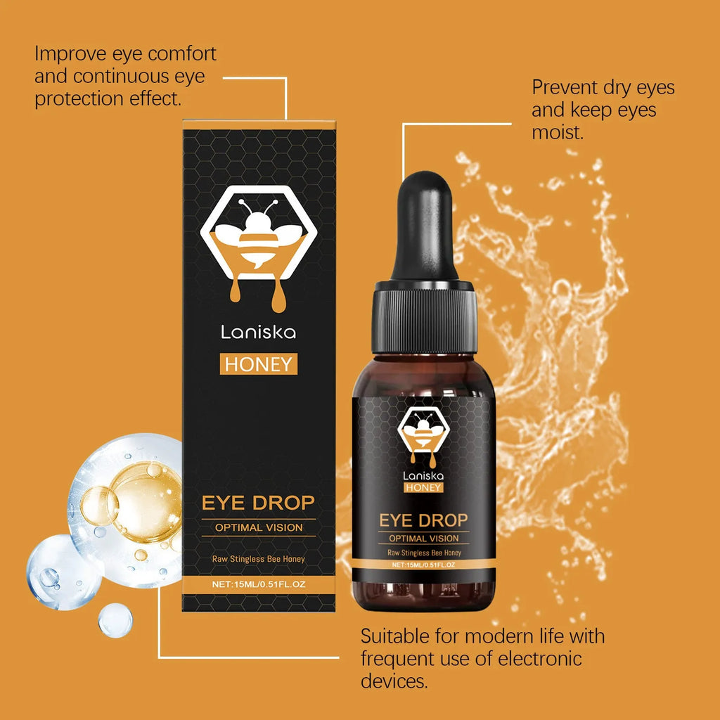 15ml bottle of eye drops with honey and sodium hyaluronate for relieving eye fatigue