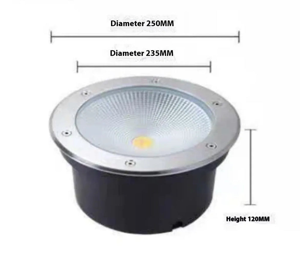 Round black LED COB underground light with stainless steel cover and tempered glass lens for outdoor installation