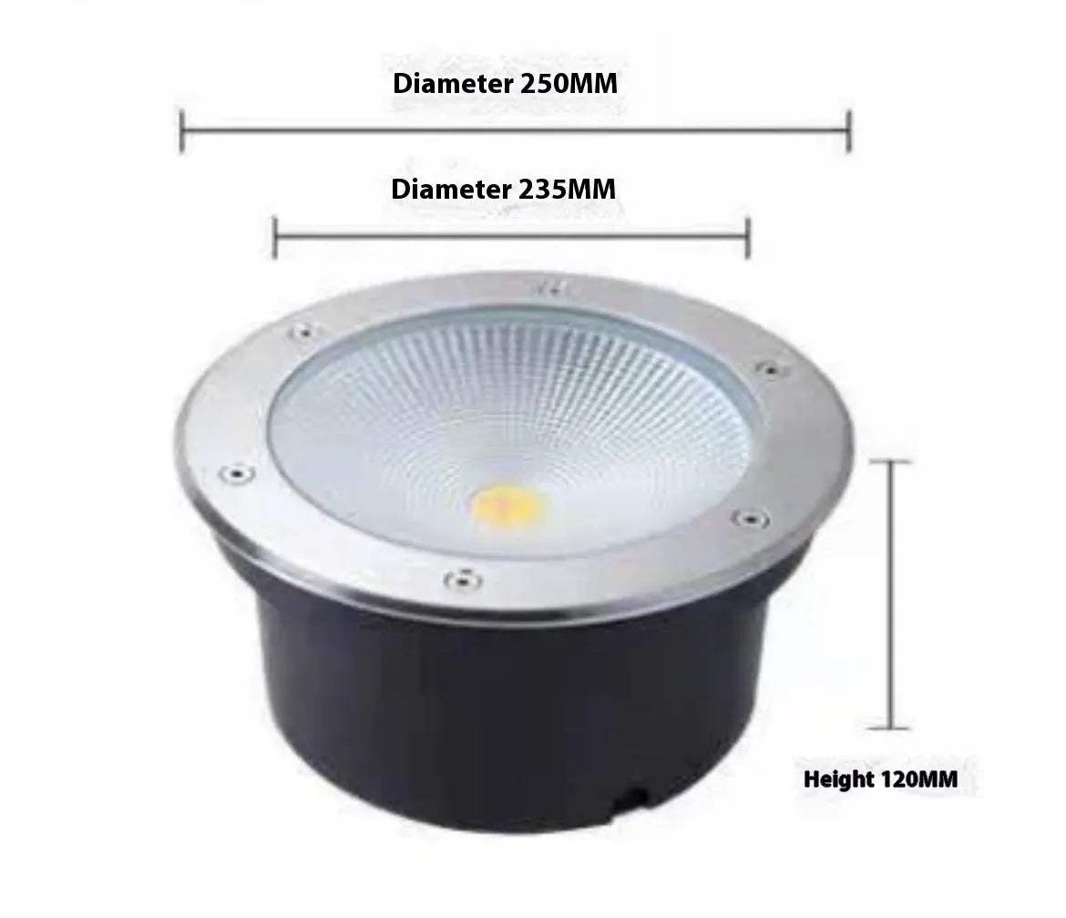 Round black LED COB underground light with stainless steel cover and tempered glass lens for outdoor installation