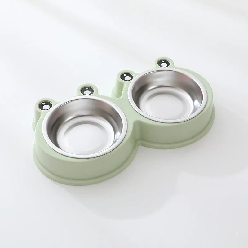 Stainless steel pet feeding bowl with two sections for food and water, in blue colour, measuring 30cm long