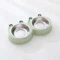 Stainless steel pet feeding bowl with two sections for food and water, in blue colour, measuring 30cm long