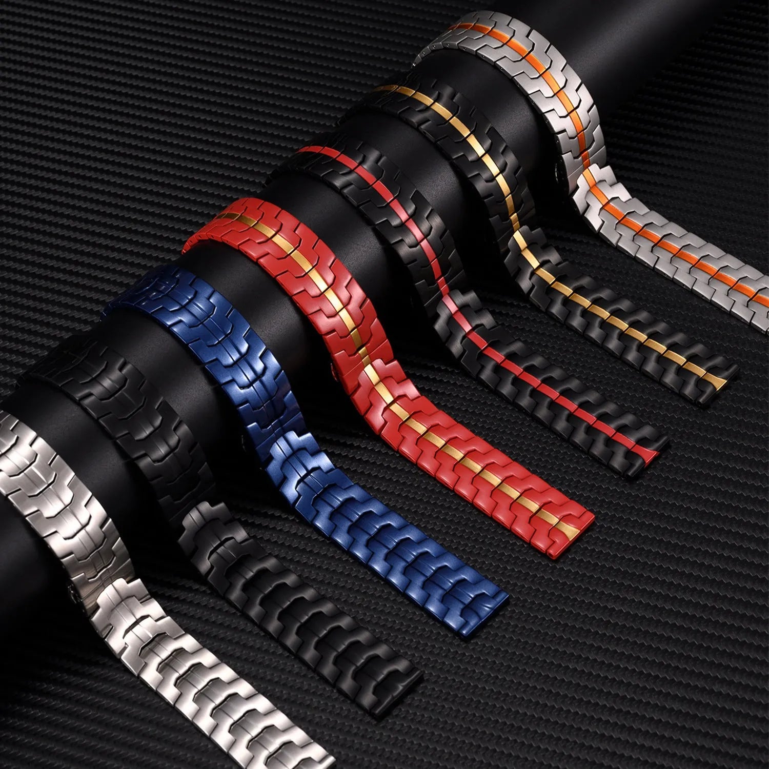 Stainless steel watch band showing 20mm and 22mm width options with ten colour variations including silver, black, and titanium finishes