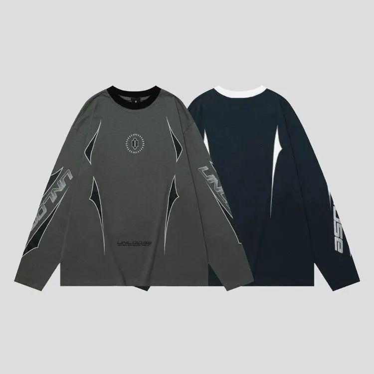 Round neck drop shoulder long sleeve pullover in grey khaki with letter pattern, loose fit