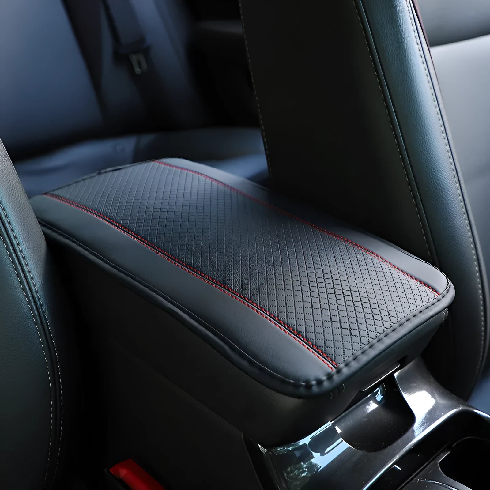 Black PU leather car armrest box mat with red cord trim, size 32x19 cm