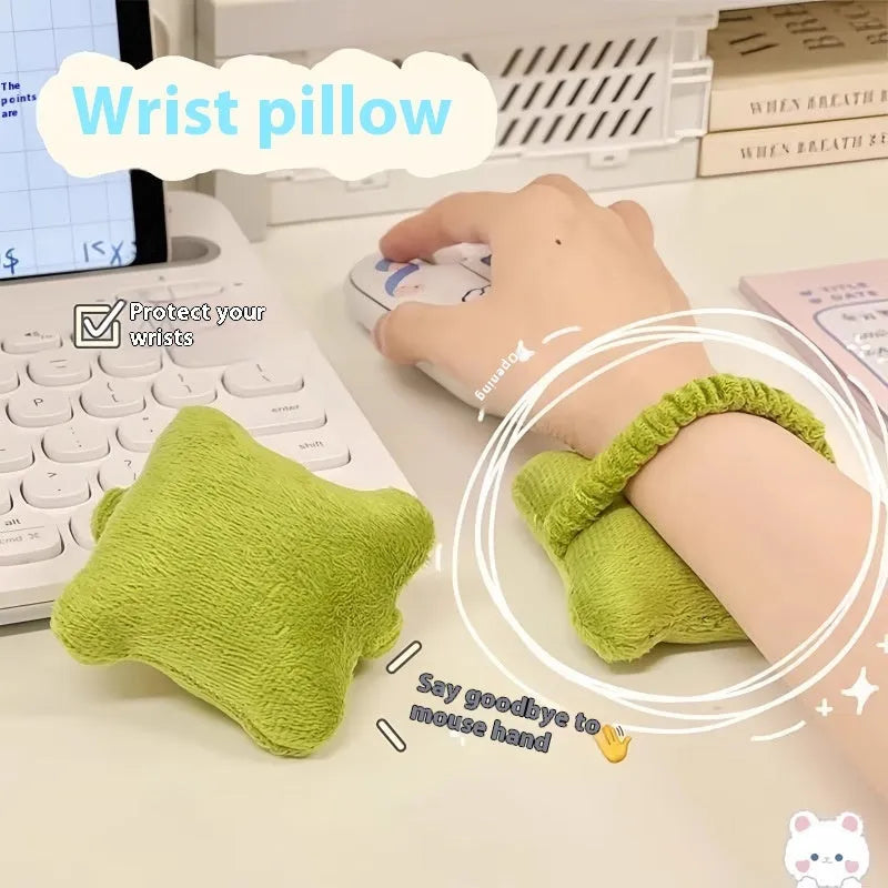 Plush polyester wrist protector mouse pad in blue, green, or pink colours measuring 20x10cm