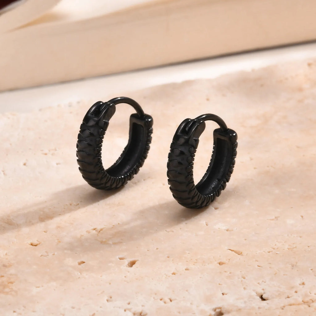 Stainless steel earrings with snake pattern texture in black or gold finish for hip hop style