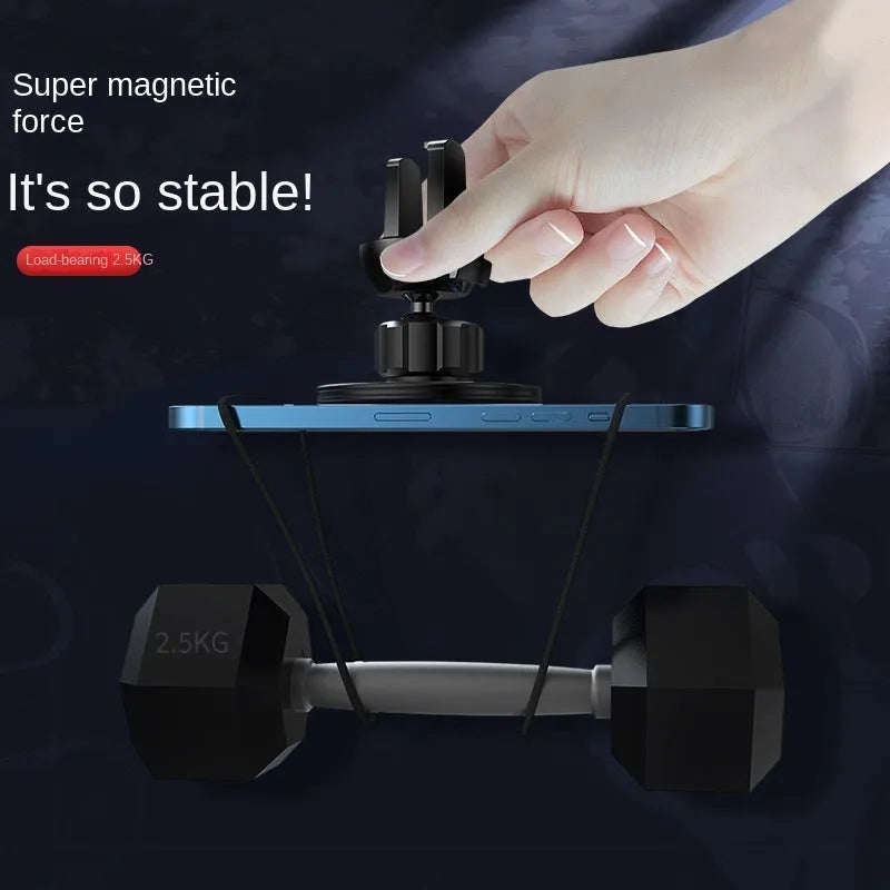 Black aluminium alloy magnetic car phone holder mounted on vehicle air vent with smartphone attached