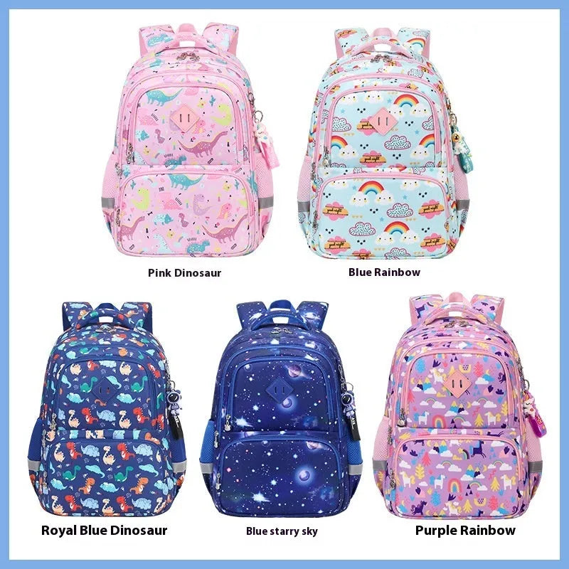Children's waterproof school backpack with spine protection in sapphire blue dinosaur colour with curved shoulder straps