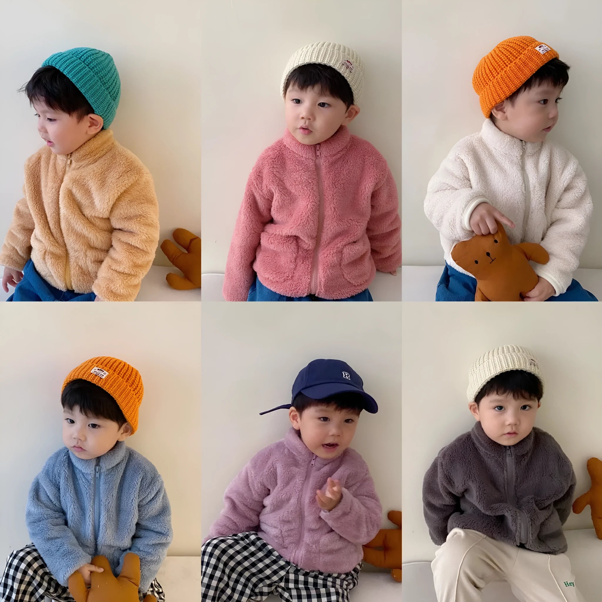 Child wearing blue sherpa fleece winter coat with full-zip front and standing collar