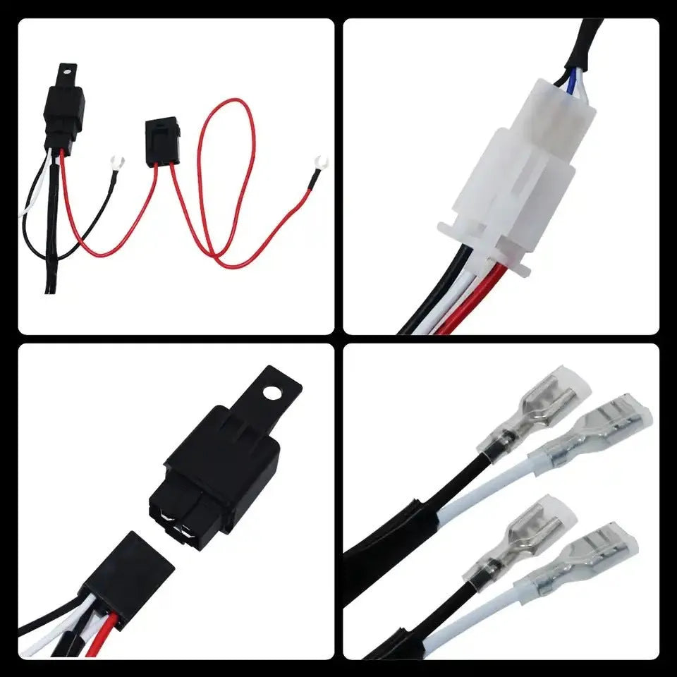 LED work light wiring harness with silicone cable and automotive connectors for vehicle roof spotlight installation