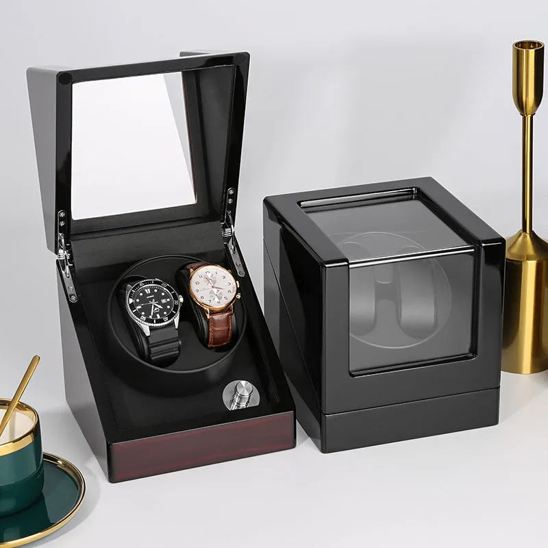 Piano lacquered watch winder with transparent acrylic window, red and black finish, 16 x 16 x 17.5 cm