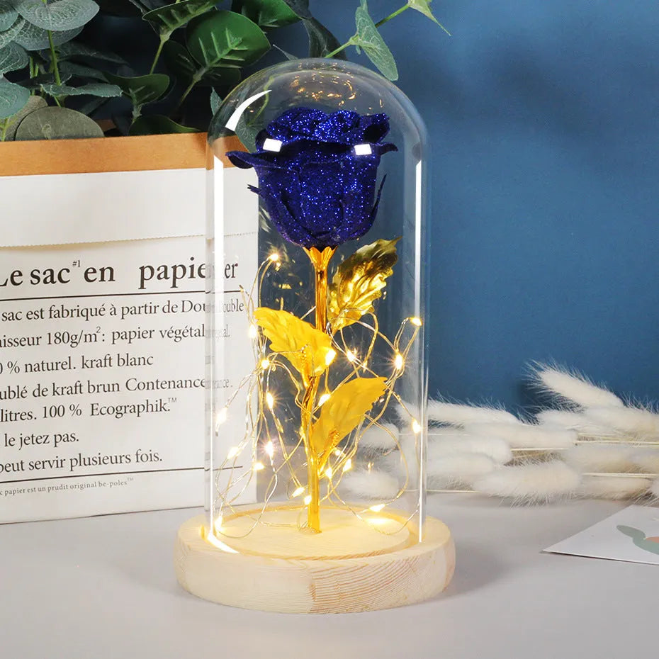 LED-lit eternal rose flower in glass cover with bendable copper wire, colours red gold grey blue pink rose red
