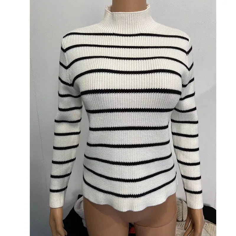 White long sleeve turtleneck sweater with sunken stripe pattern, slim fit thick acrylic pullover for women