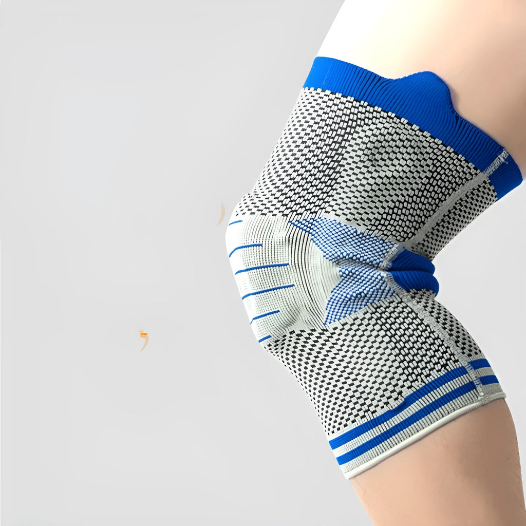 Cotton knee pad with silicone massage spring bar shock absorber in black and blue colour.