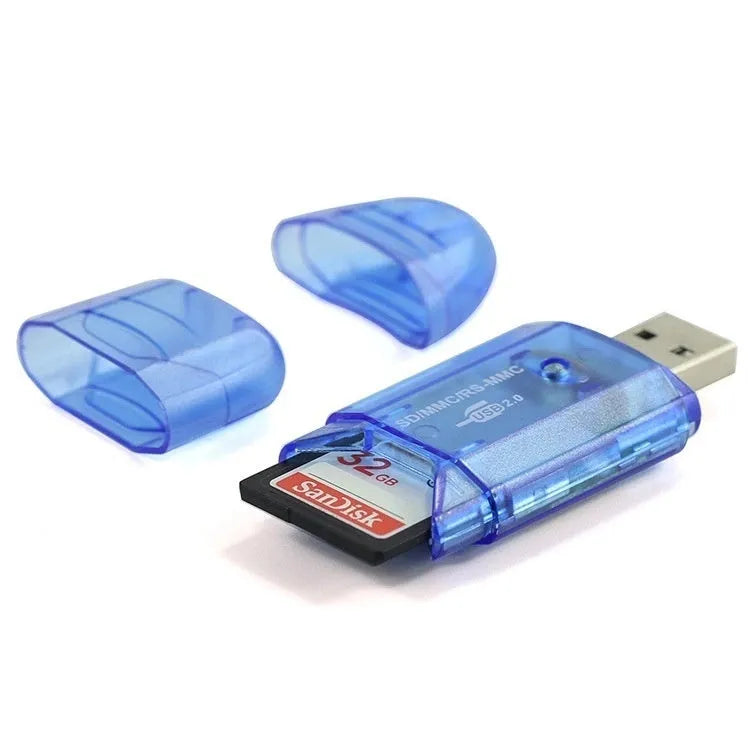 Transparent USB card reader with dual hoods for SD and MS cards, 7.5 inches long, in plastic construction