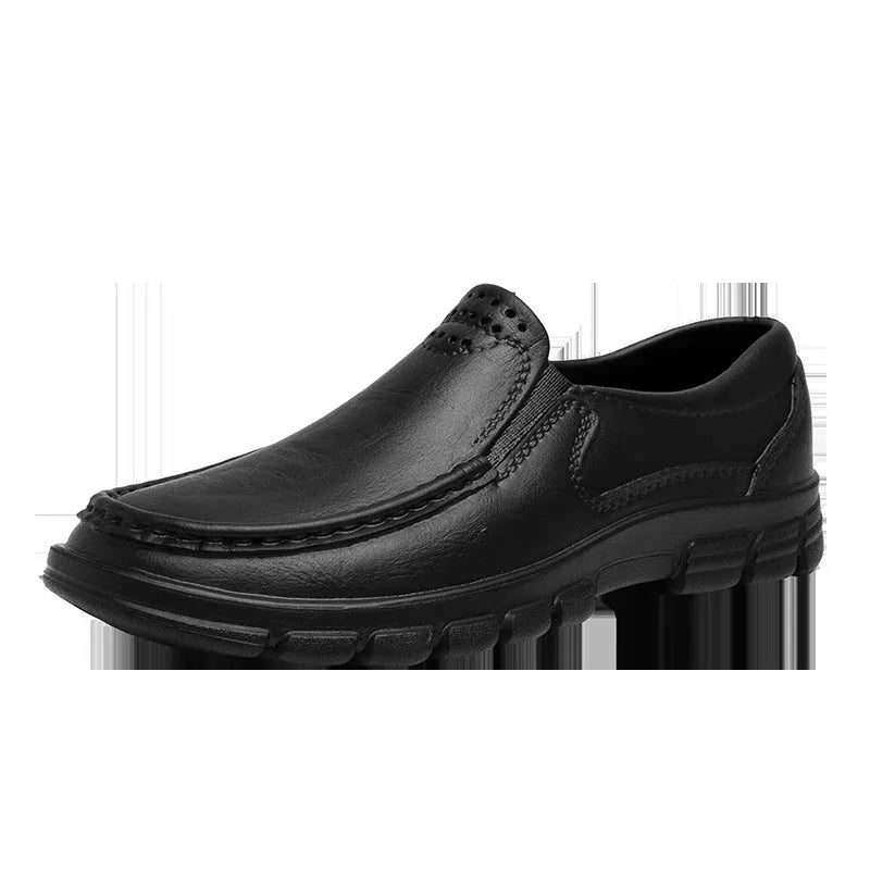 Men's black slip-on work shoes with artificial leather upper and platform mid-heel design