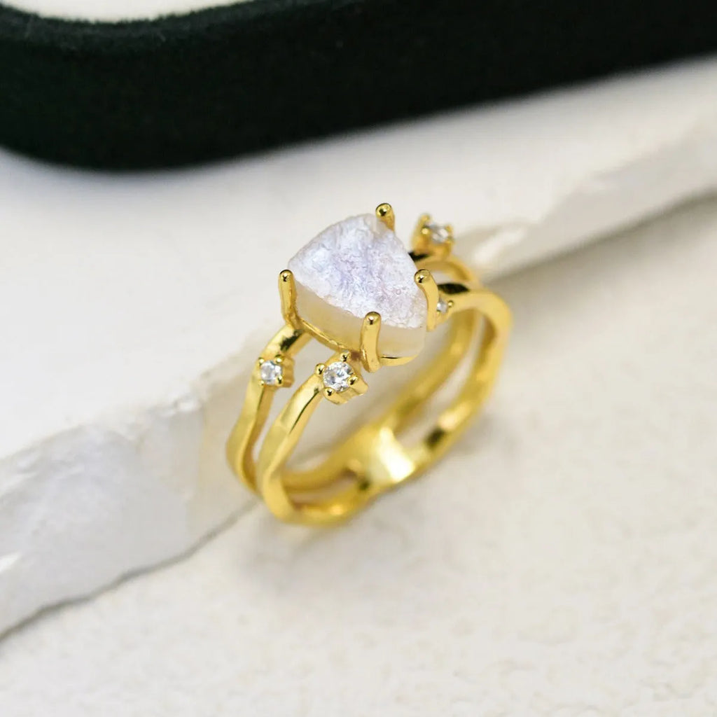 S925 sterling silver irregular triangle moonstone ring in rose gold finish on a hand