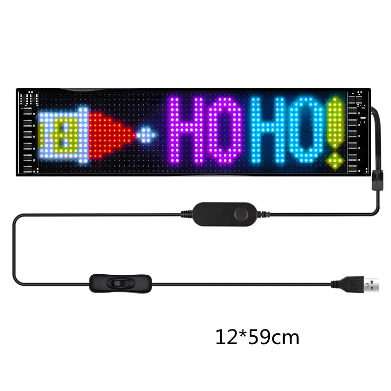 Ultra-thin programmable full-colour LED car display screen showing custom text, flexible circuit board.