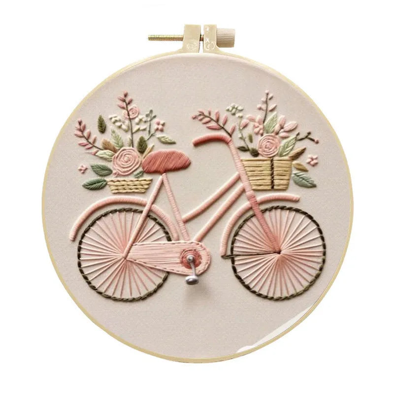 15cm winter house embroidery kit with cotton-linen fabric, bamboo frame, scissors, ripper and threader tools