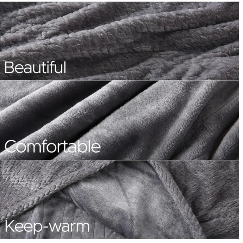 Light grey cotton electric heating blanket shown in a folded position, with adjustable temperature control for use as a blanket or hot compress pad.