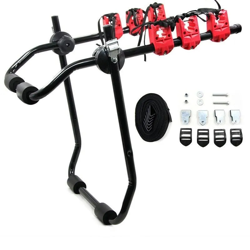 Black and red trunk-mounted car bike holder rack with 73x50cm dimensions showing tie rope fastening system