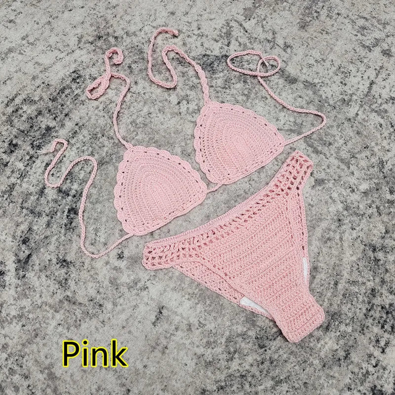 Handmade crochet bikini set with matching beach skirt in blue colour, showing three separate pieces