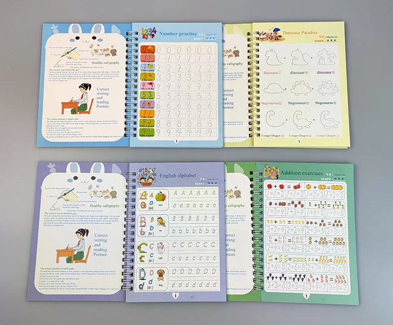 Magic calligraphy copybook set showing four practice books with square slot designs and two stylus pens