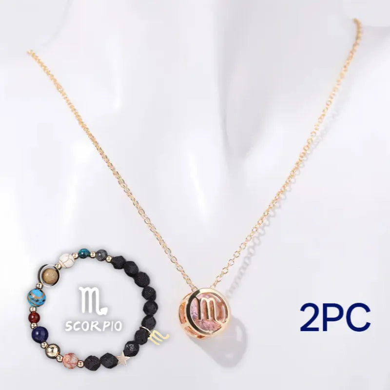 Natural stone beaded multi-strand necklace and matching bracelet set on a background.
