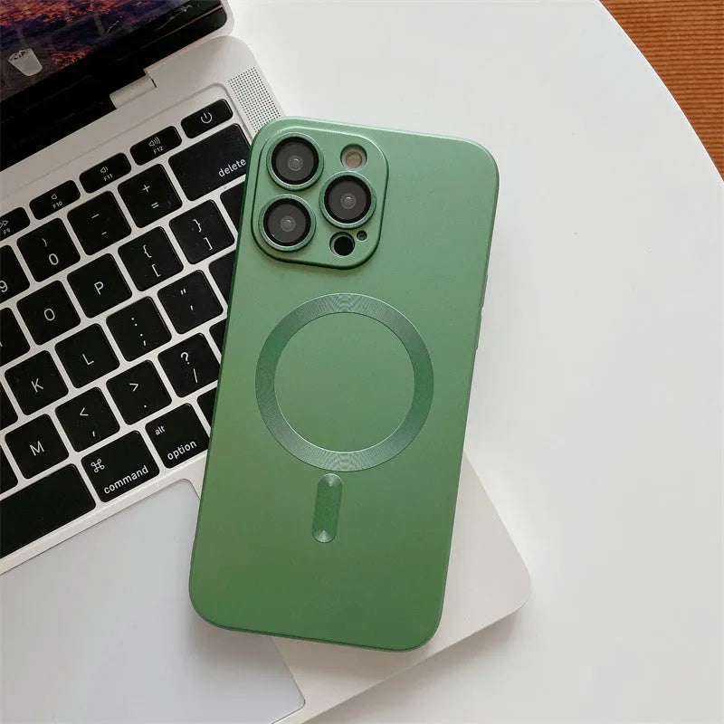 Aluminium alloy phone case with magnetic snap closure and lens protection for iPhone, shown in dark purple with nickel piece
