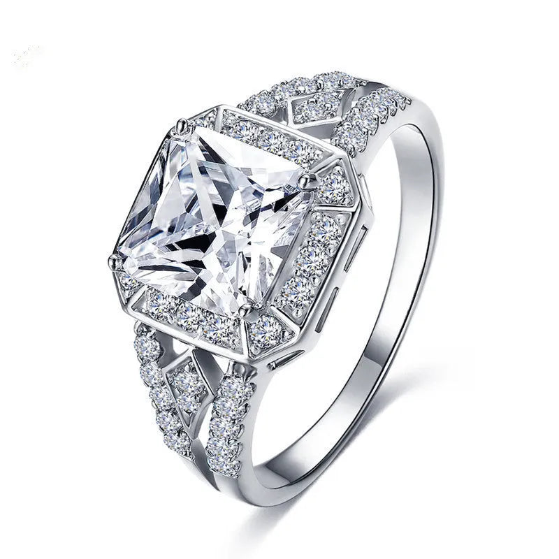 Geometric hollow zircon ring for women in platinum colour with quadrilateral design and inlaid stones