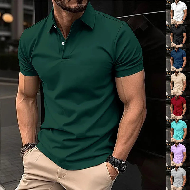 Men's summer polo shirt with short sleeves and button lapel in cotton-mixed fabric, available in multiple colours