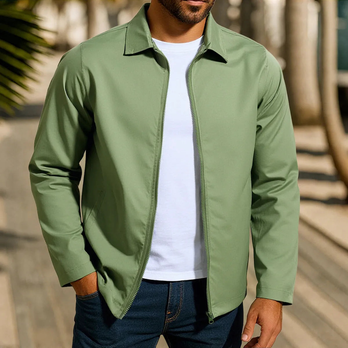 Man wearing an emerald green zippered cardigan jacket with raglan sleeves.