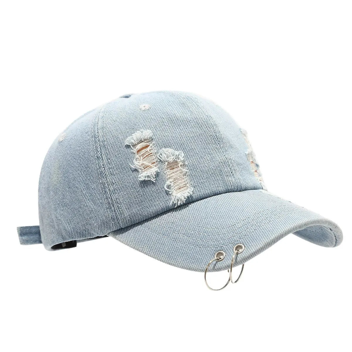 Men's adjustable cotton denim peaked cap in black showing dome crown and peaked brim design