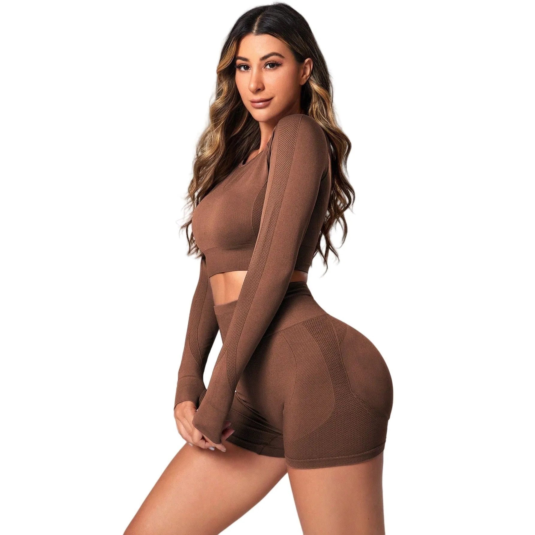 Women's high-waisted yoga suit in nylon-spandex blend available in black, brown and purple colours
