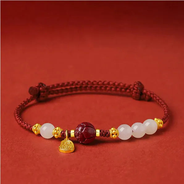 Hetian jade bracelet with cinnabar red rope on adjustable 925 silver chain