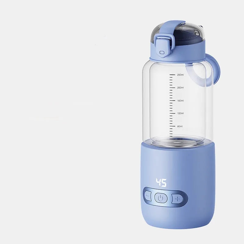 Wireless portable baby milk mixer with thermostatic cup and glass body, 86x210mm, shown in white, pink, blue or yellow.