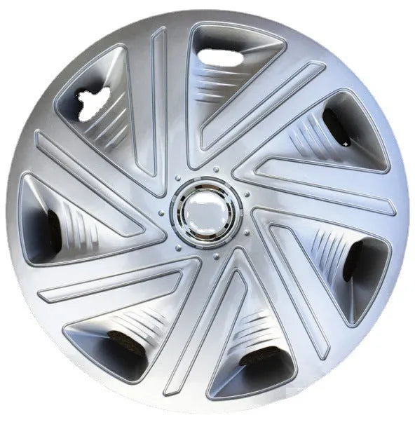 Universal ABS plastic wheel hub cover in a monochrome finish, shown against a car wheel.