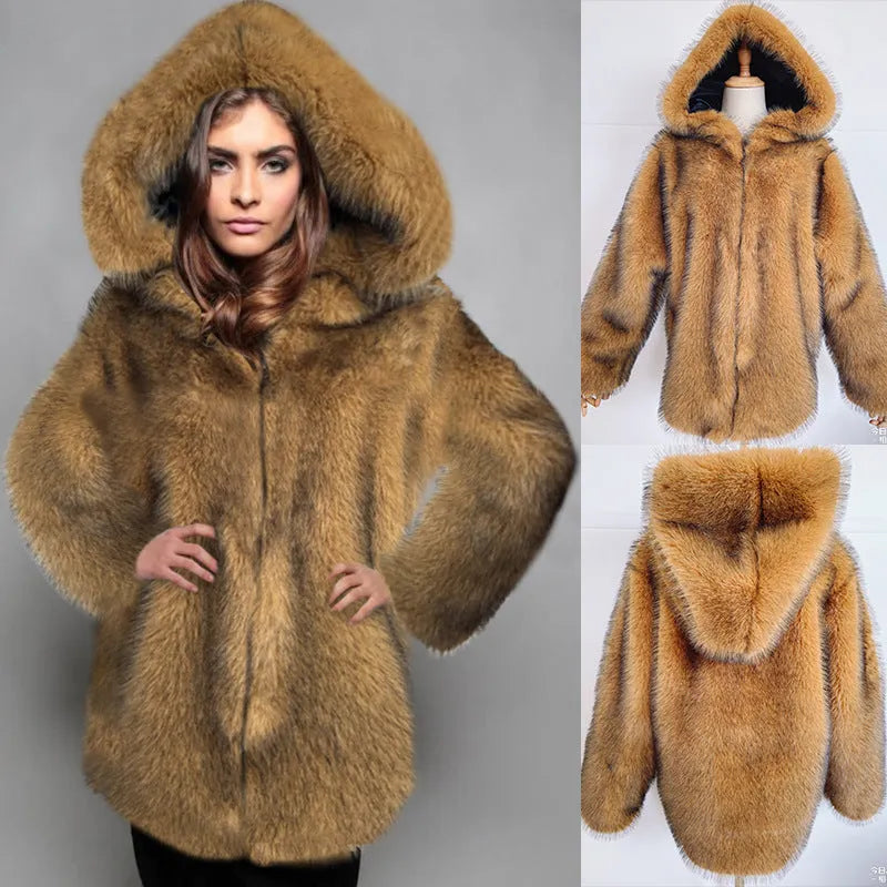 Silver grey artificial fur coat with 65cm length and regular sleeves, displayed on a model.
