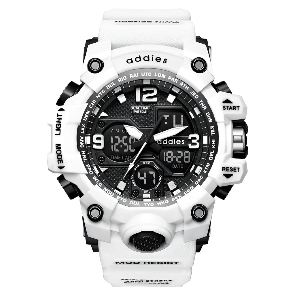 Electronic dual display sports watch with plastic case, 50m water resistance, in black, red, white, or transparent white.