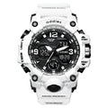 Electronic dual display sports watch with plastic case, 50m water resistance, in black, red, white, or transparent white.