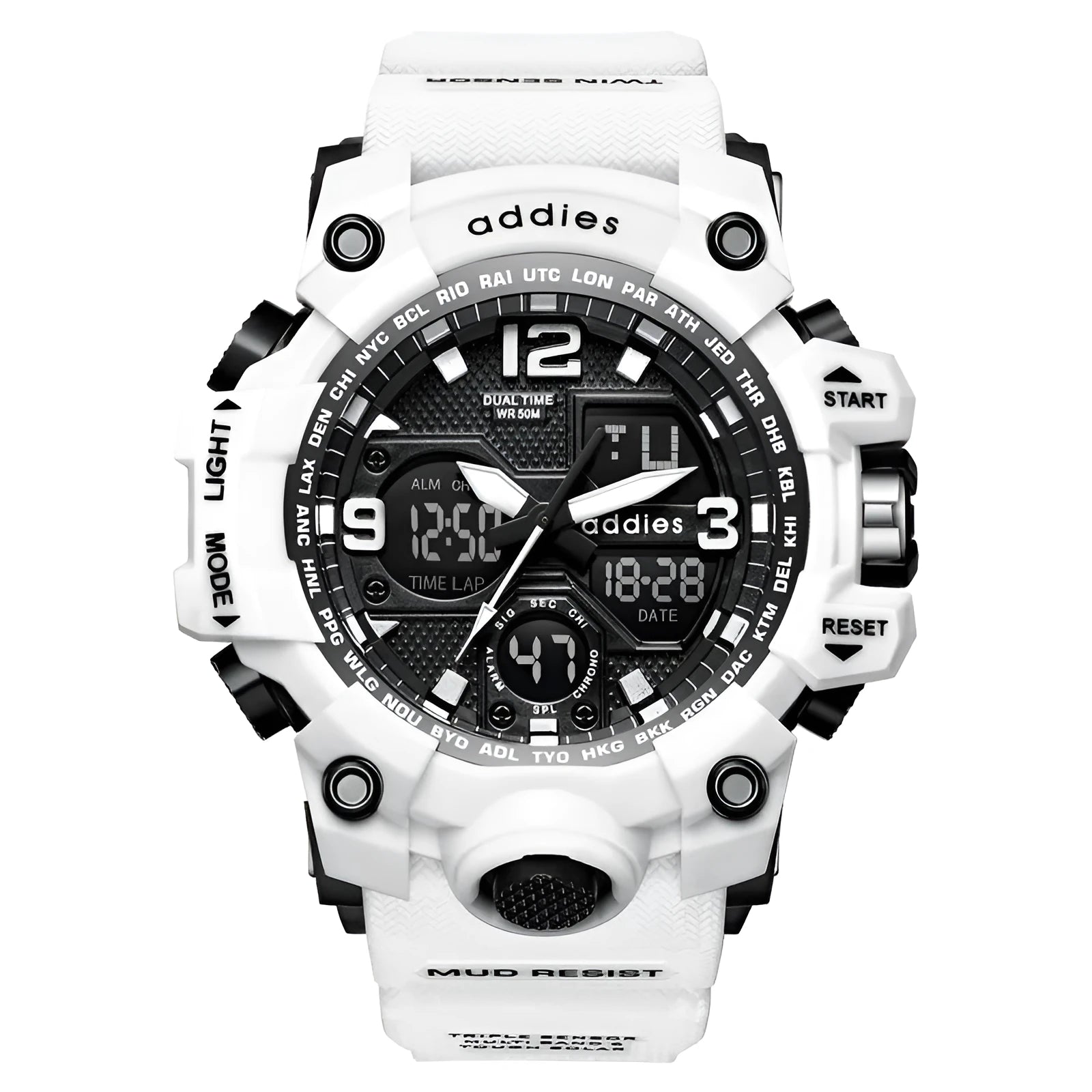 Electronic dual display sports watch with plastic case, 50m water resistance, in black, red, white, or transparent white.