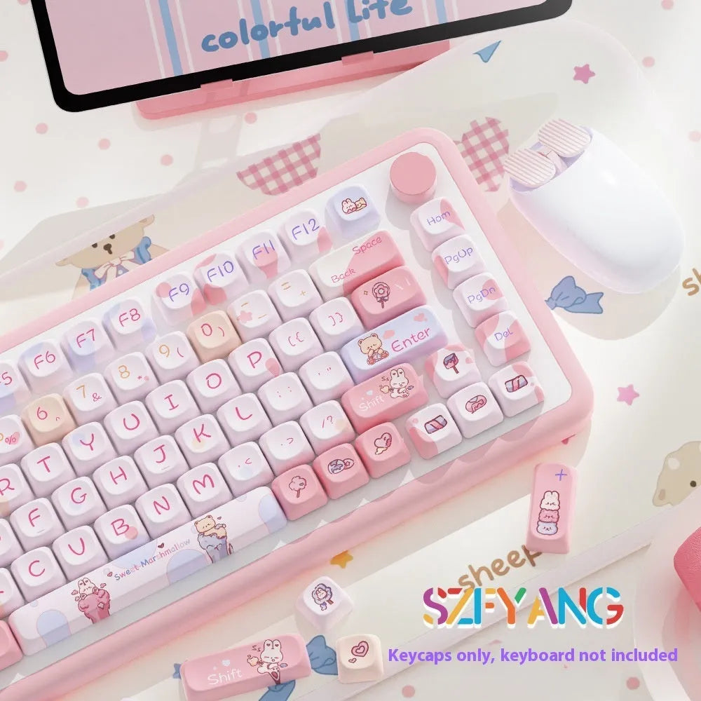 Sweet Cotton Candy key cap set for mechanical keyboards with 112 or 120 key options, dimensions 23cm x 19cm x 3cm